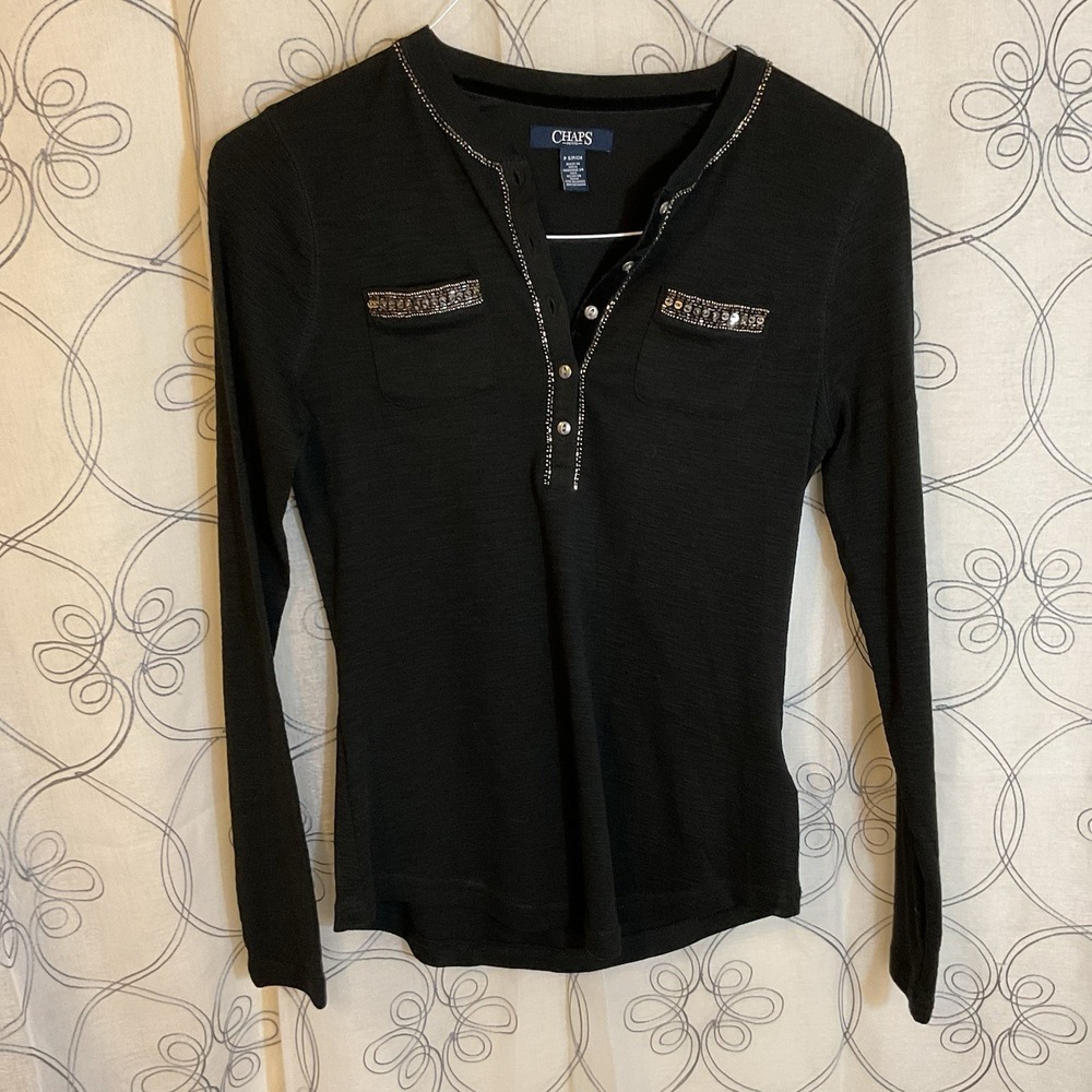 Women's Chaps Black Top Long Sleeve Stretch Beaded Sequin Casual Size PS